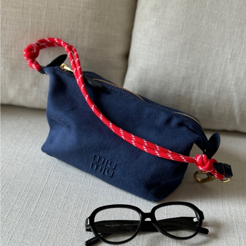 Women's Miu Miu Navy Canvas Pouch with Red-White Rope Strap